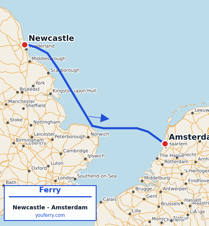 Map of the Newcastle - Amsterdam ferry route