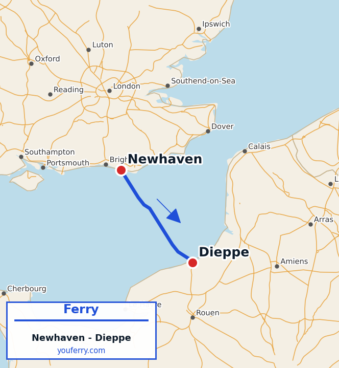 Map of the Newhaven - Dieppe ferry route