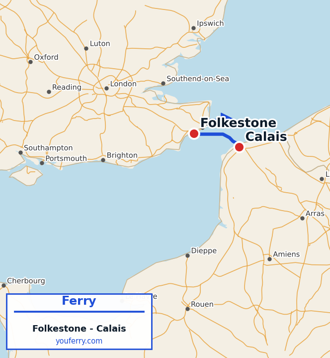 Map of the Folkestone - Calais ferry route