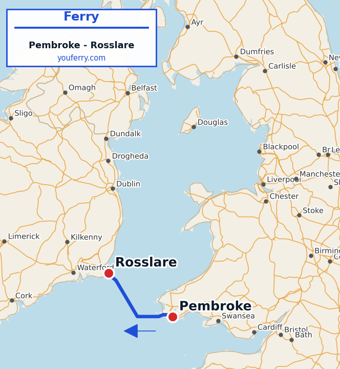 Map of the Pembroke - Rosslare ferry route