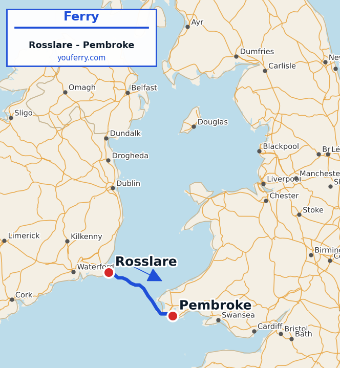 Map of the Rosslare - Pembroke ferry route