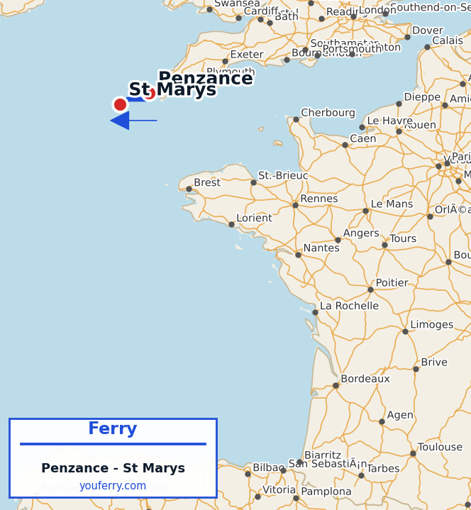 Map of the Penzance - St Marys ferry route
