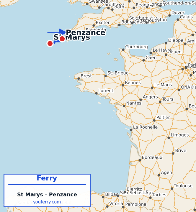Map of the St Marys - Penzance ferry route