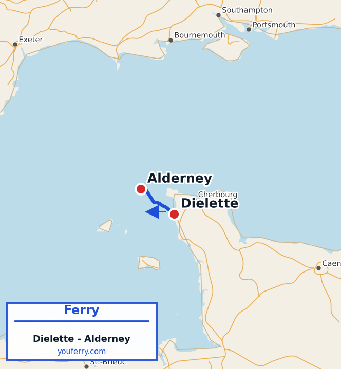 Map of the Dielette - Alderney ferry route