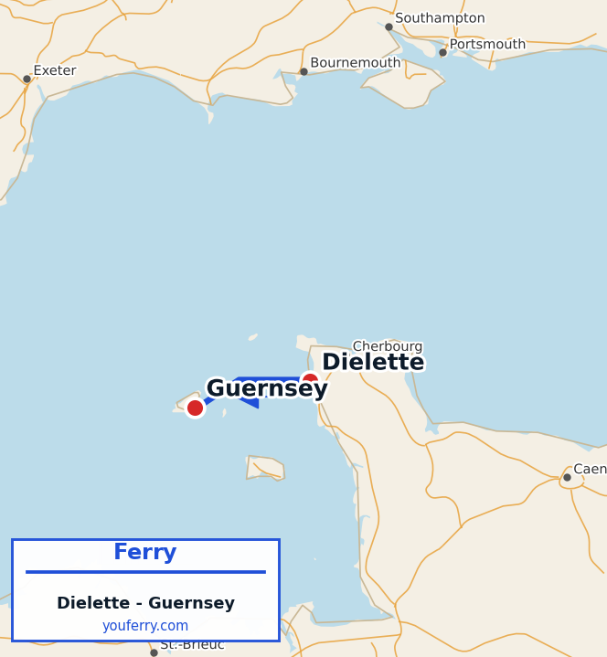 Map of the Dielette - Guernsey ferry route