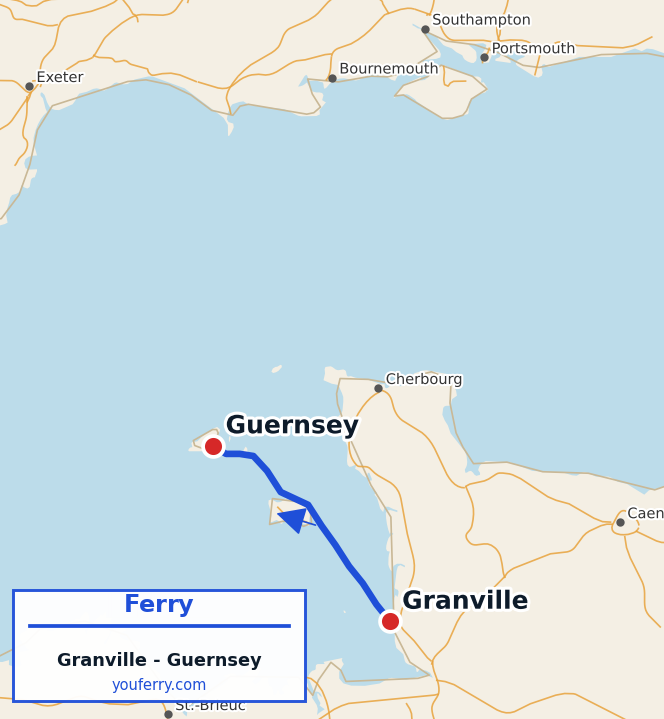 Map of the Granville - Guernsey ferry route