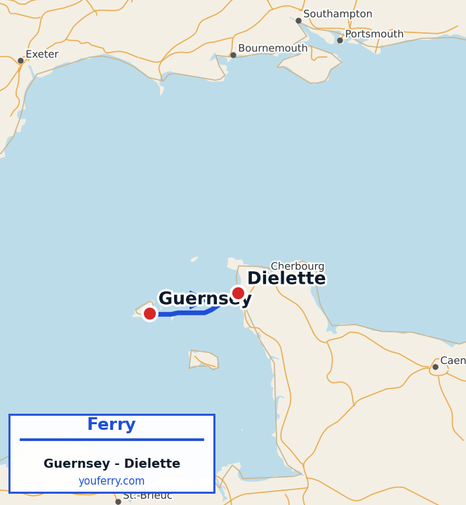 Map of the Guernsey - Dielette ferry route