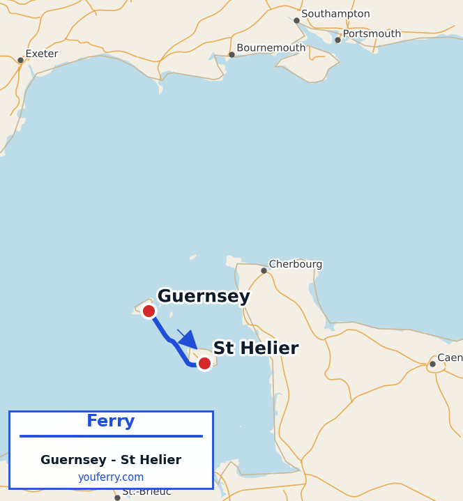 Map of the Guernsey - Jersey (St Helier) ferry route
