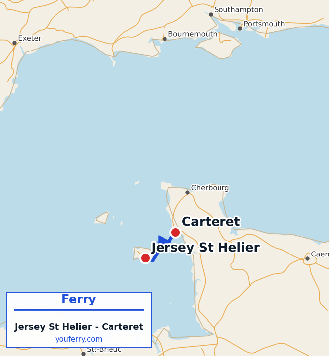 Map of the Jersey (St Helier) - Carteret ferry route