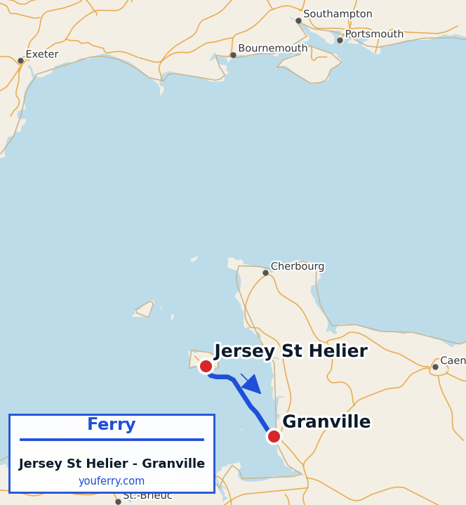 Map of the Jersey (St Helier) - Granville ferry route