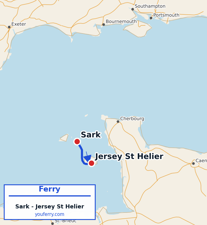 Map of the Sark - Jersey (St Helier) ferry route