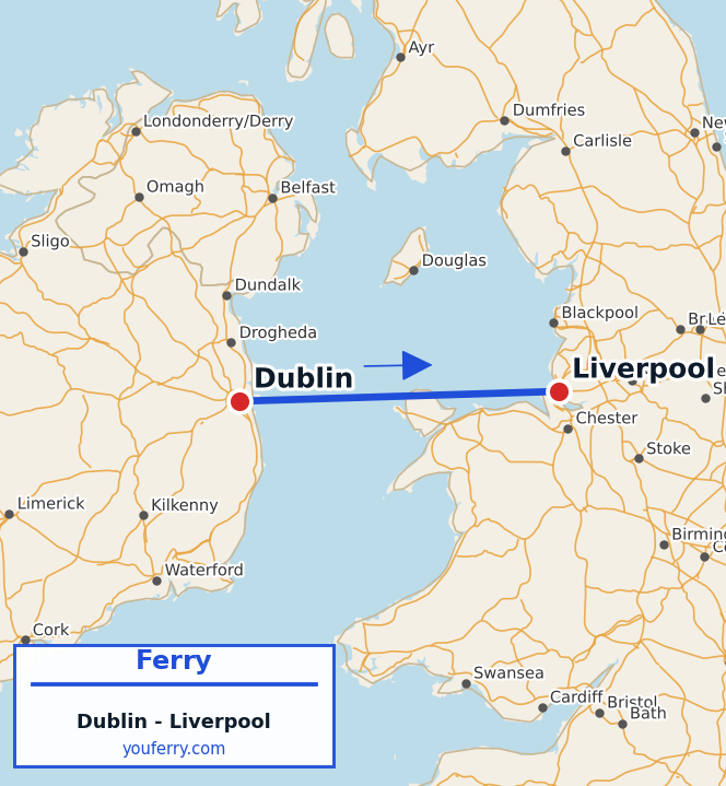 Map of the Dublin - Liverpool ferry route