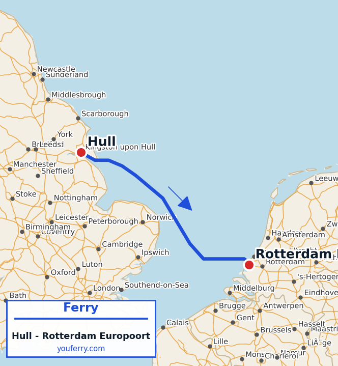 Map of the Hull - Rotterdam Europoort ferry route