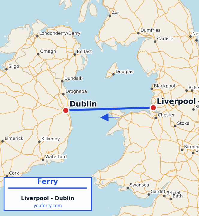 Map of the Liverpool - Dublin ferry route