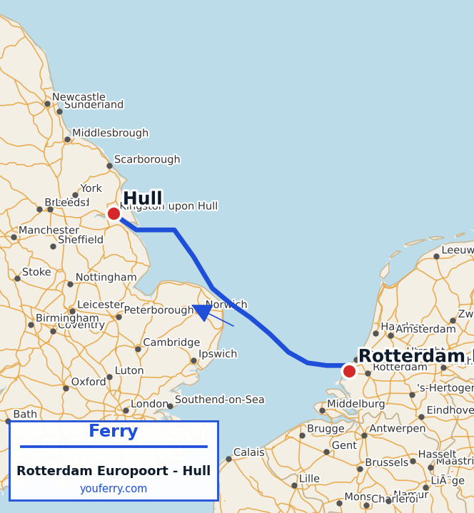 Map of the Rotterdam Europoort - Hull ferry route