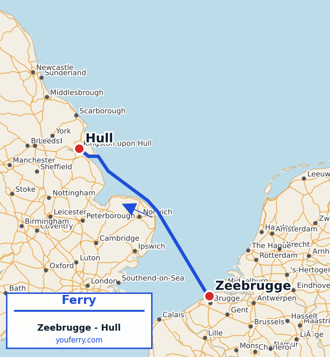 Map of the Zeebrugge - Hull ferry route