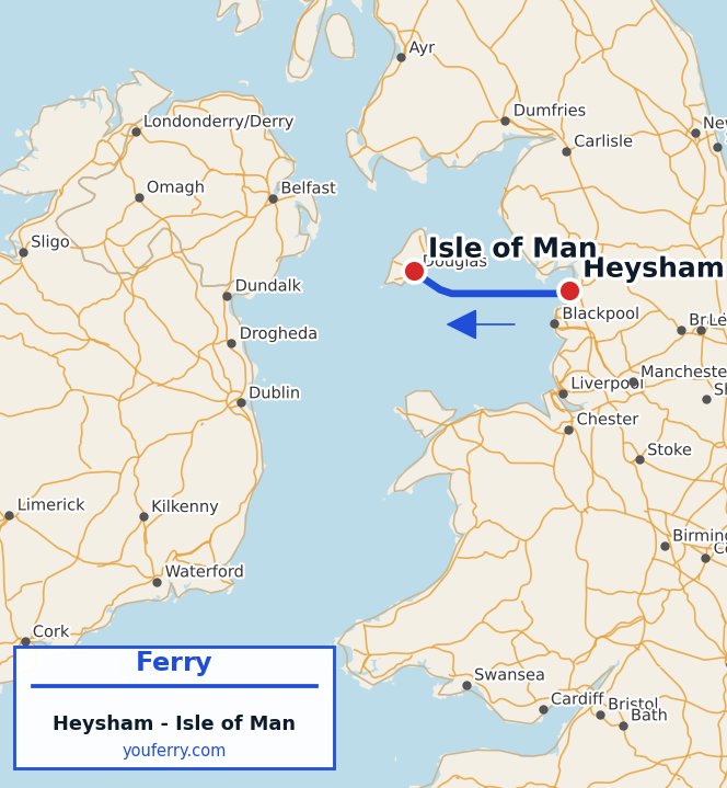 Map of the Heysham - Isle of Man ferry route