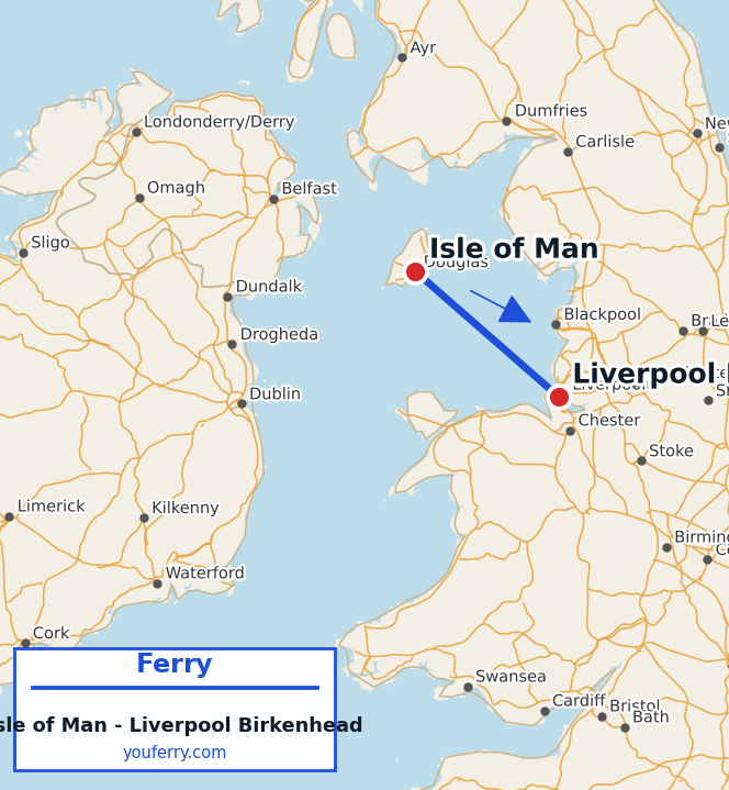Map of the Isle of Man - Liverpool (Birkenhead) ferry route