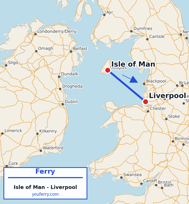 Map of the Isle of Man - Liverpool ferry route