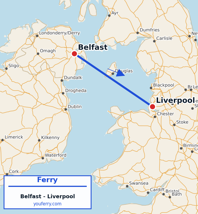 Map of the Belfast - Liverpool ferry route
