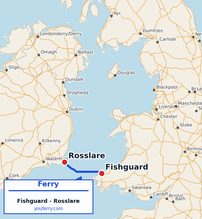 Map of the Fishguard - Rosslare ferry route