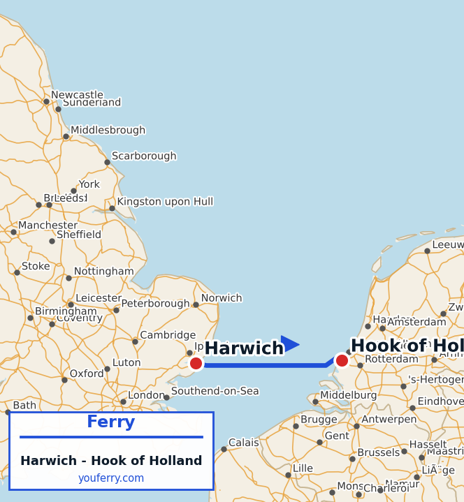 Map of the Harwich - Hook of Holland ferry route