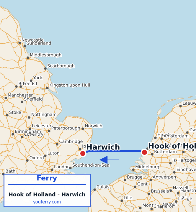 Map of the Hook of Holland - Harwich ferry route