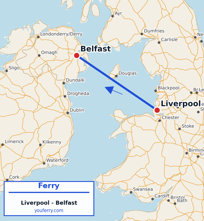 Map of the Liverpool - Belfast ferry route