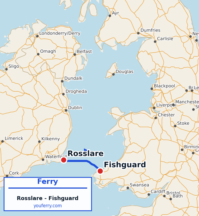 Map of the Rosslare - Fishguard ferry route