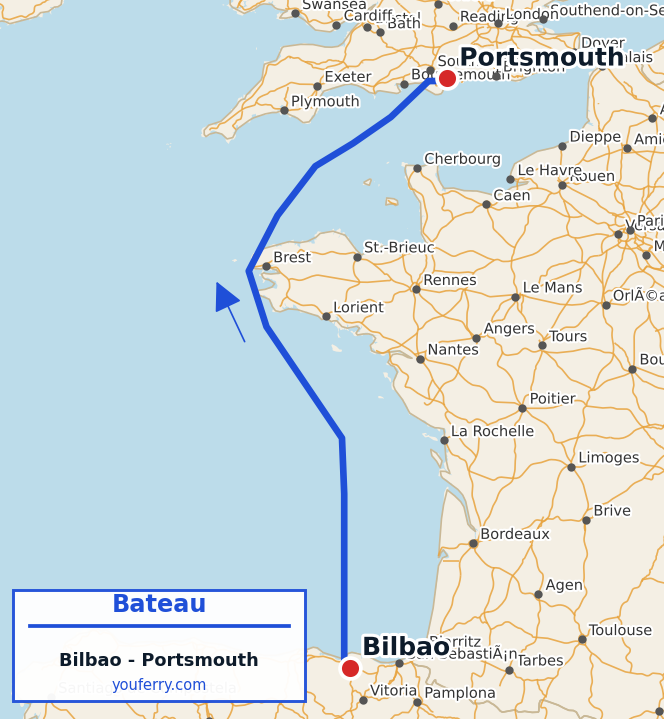 Carte du trajet en ferry Bilbao - Portsmouth