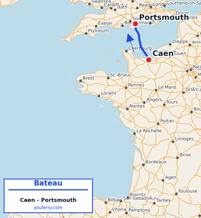 Carte du trajet en ferry Caen - Portsmouth