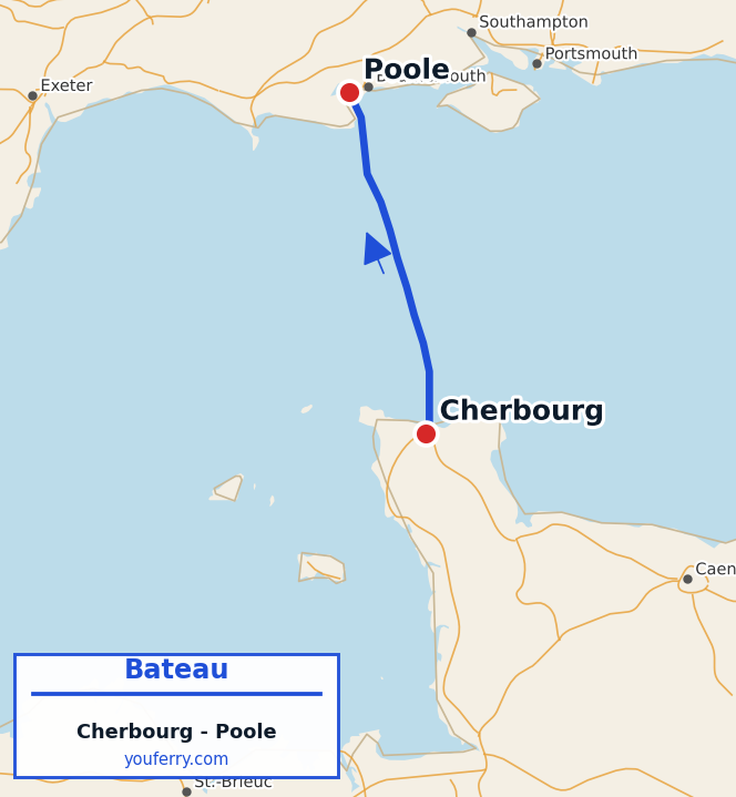 Carte du trajet en ferry Cherbourg - Poole