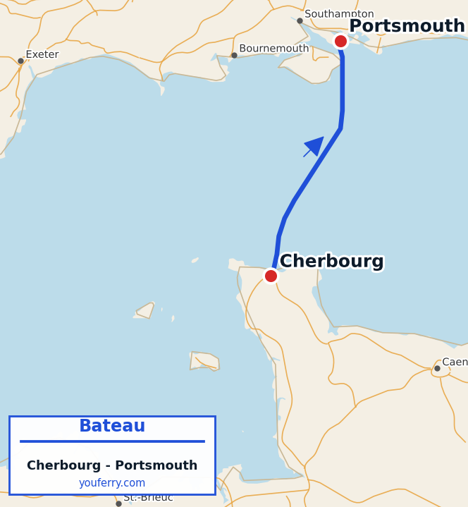 Carte du trajet en ferry Cherbourg - Portsmouth