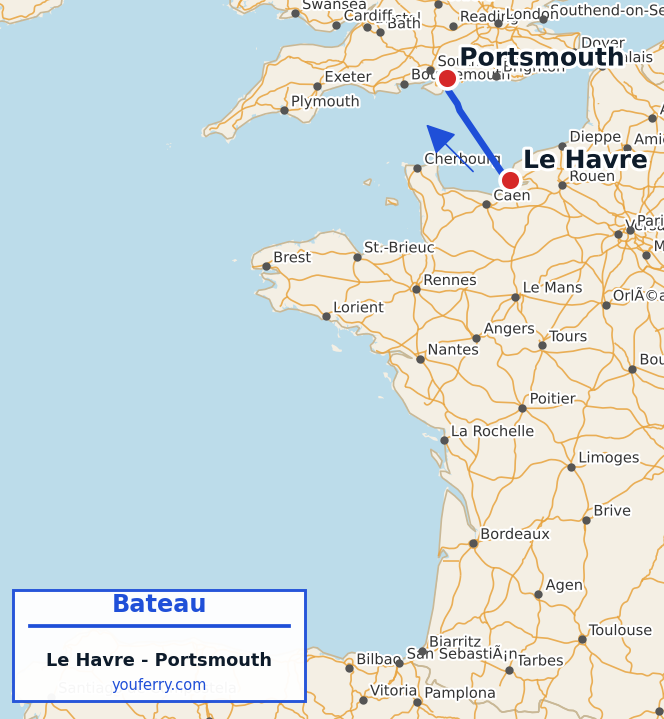 Carte du trajet en ferry Le Havre - Portsmouth
