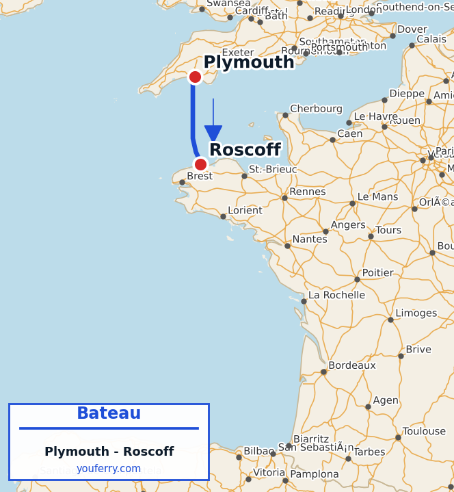Carte du trajet en ferry Plymouth - Roscoff