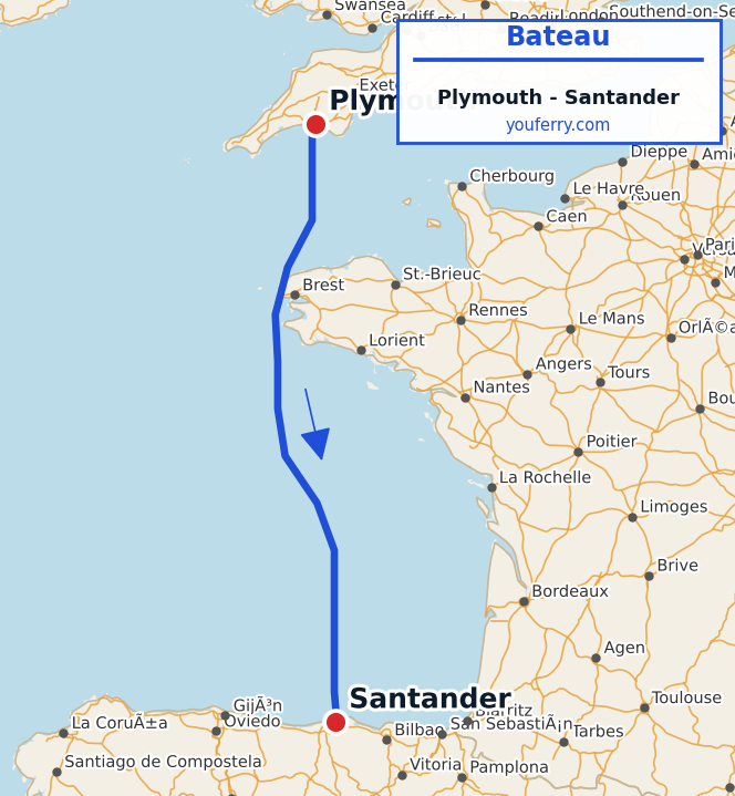 Carte du trajet en ferry Plymouth - Santander