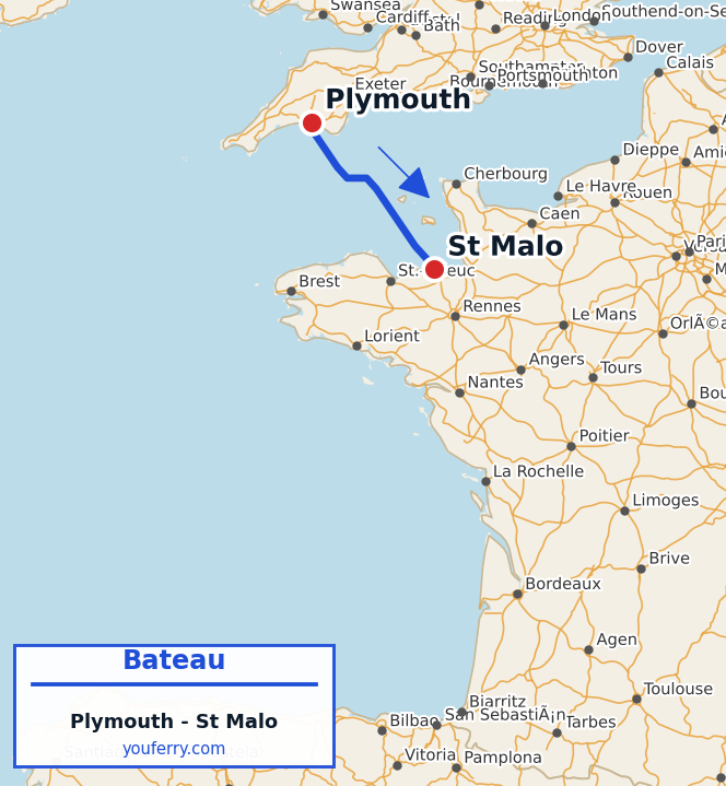 Carte du trajet en ferry Plymouth - St Malo