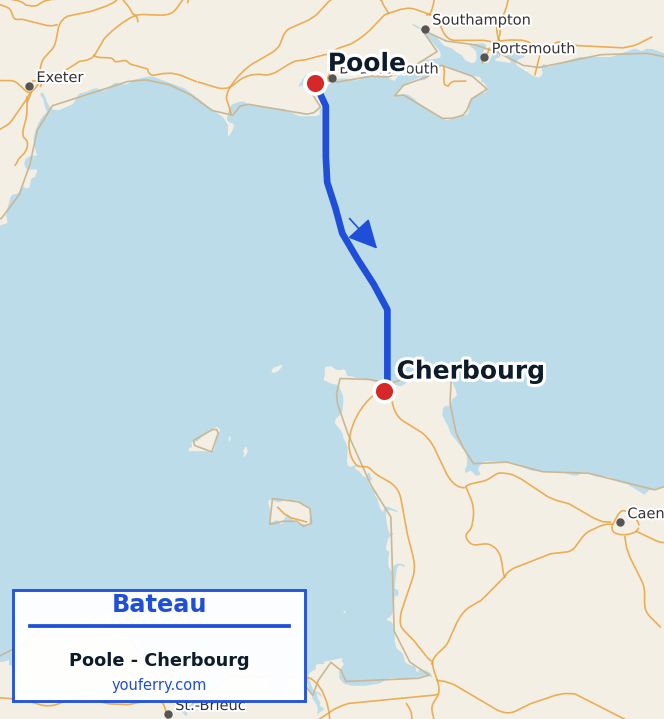 Carte du trajet en ferry Poole - Cherbourg