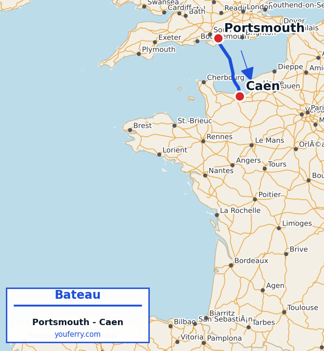 Carte du trajet en ferry Portsmouth - Caen