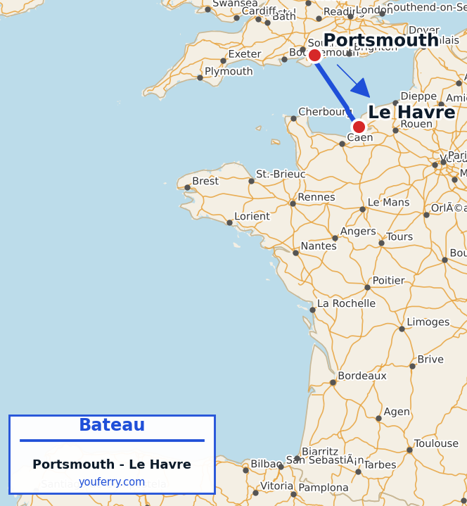 Carte du trajet en ferry Portsmouth - Le Havre