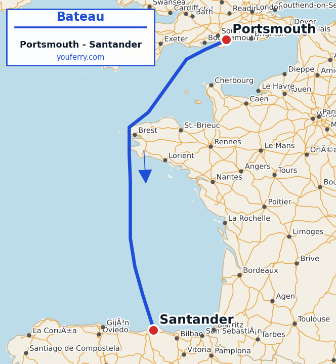 Carte du trajet en ferry Portsmouth - Santander