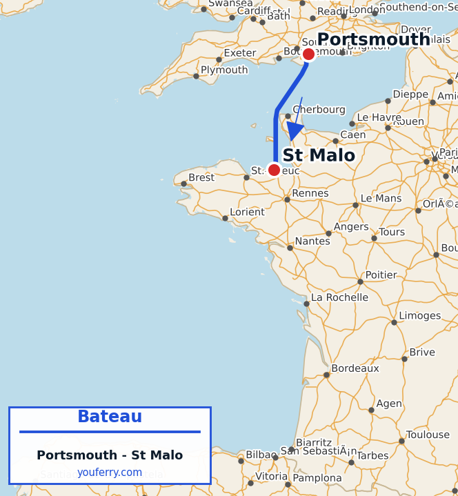 Carte du trajet en ferry Portsmouth - St Malo