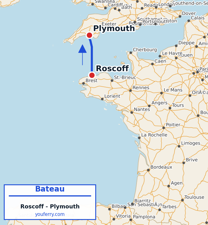 Carte du trajet en ferry Roscoff - Plymouth