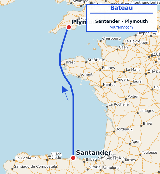 Carte du trajet en ferry Santander - Plymouth