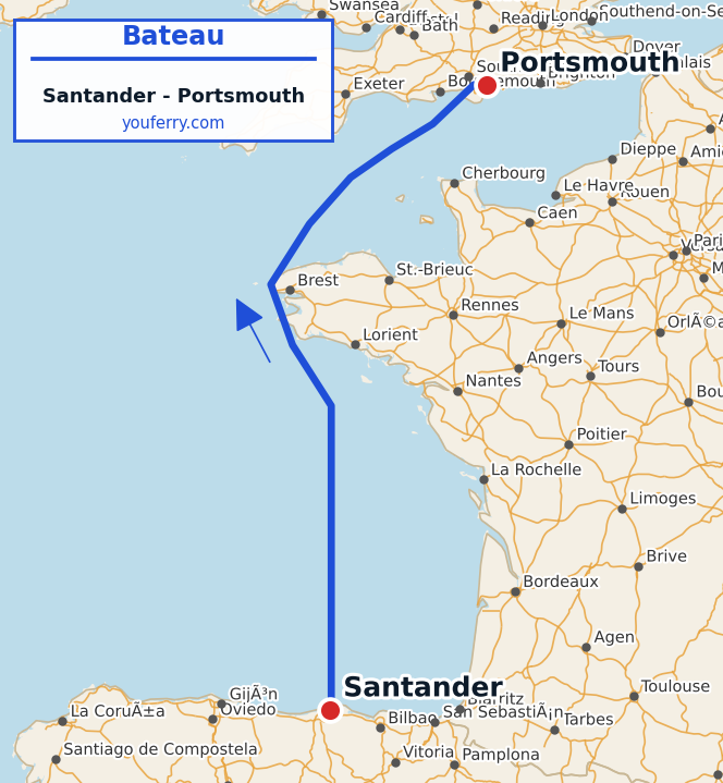 Carte du trajet en ferry Santander - Portsmouth