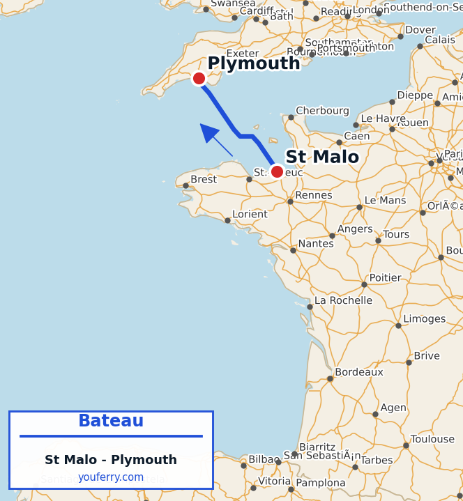 Carte du trajet en ferry St Malo - Plymouth