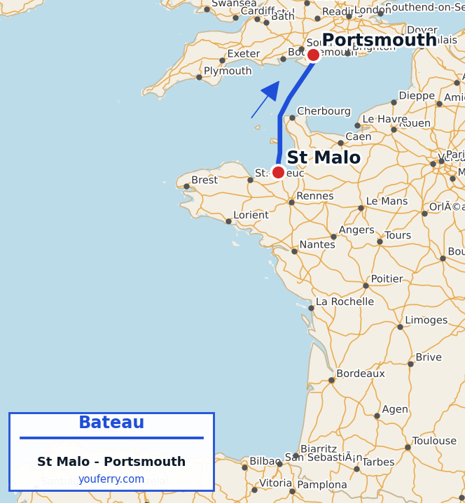 Carte du trajet en ferry St Malo - Portsmouth