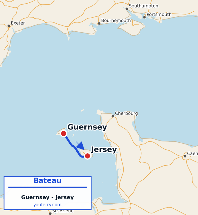 Carte du trajet en ferry Guernsey - Jersey