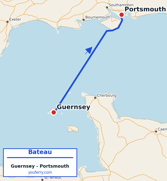 Carte du trajet en ferry Guernsey - Portsmouth