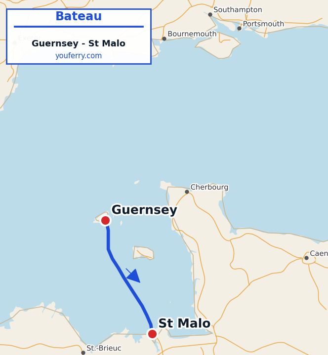 Carte du trajet en ferry Guernsey - St Malo